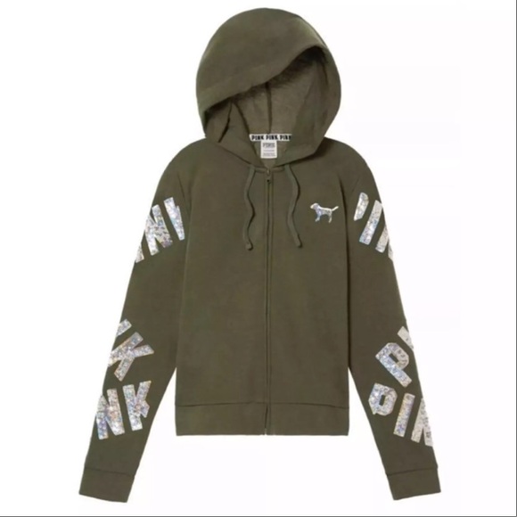 PINK Victoria's Secret Tops - New Army Green Pink Bling Hoodie Sweatshirt Sequin
